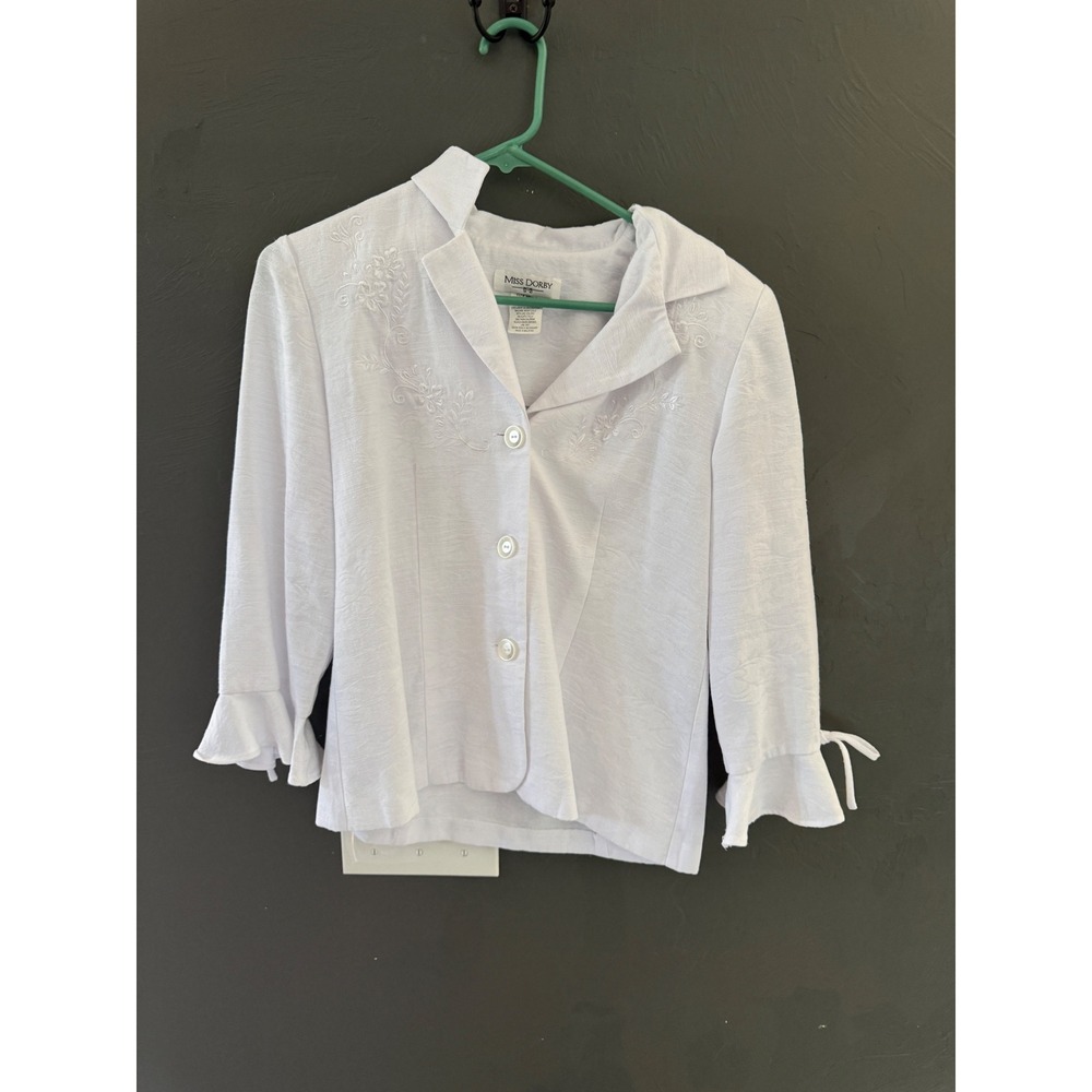 Miss Dorby Vintage White Floral Embroidered Button Front Ruffle Blouse‎ Size 8